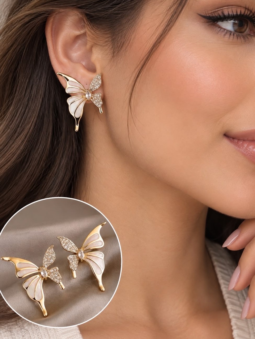 White and Gold Butterfly Stud Earrings